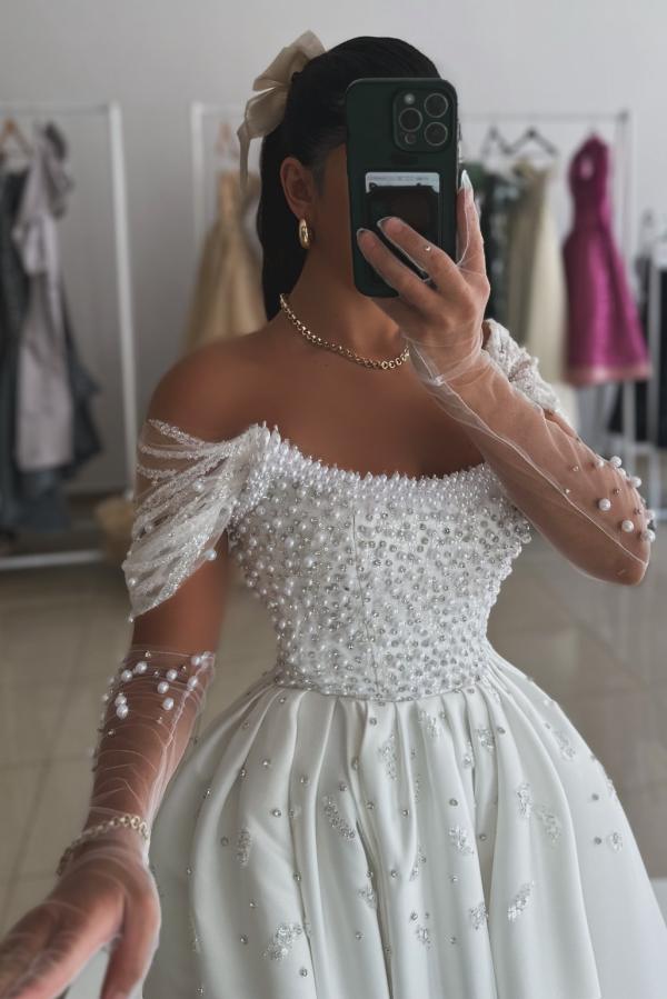 White Prom Dress A Line Strapless Off The Shoulder Sleeveless Beaded Satin Formal Dress With Pearls