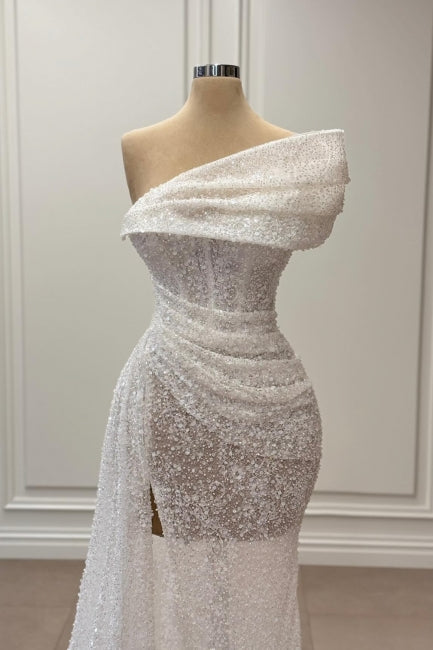 White Prom Dress Mermaid One Shoulder Sleeveless Sequined Panel Train Tulle Formal Dress With Slit