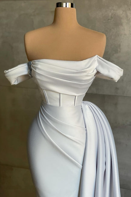 White Prom Dress Mermaid Strapless Off The Shoulder Column Sleeveless Satin Panel Train Simple Formal Dress