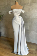 White Prom Dress Mermaid Strapless Off The Shoulder Column Sleeveless Satin Panel Train Simple Formal Dress