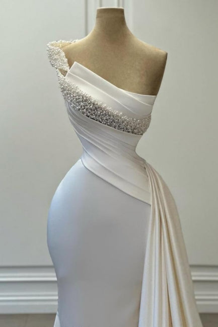 White Prom Dress Mermaid Strapless One Shoulder Beaded Sleeveless Satin Panel Train Formal Dress With Pearls