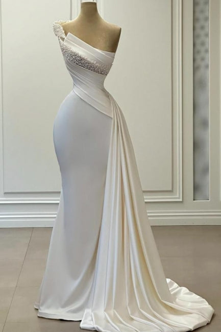 White Prom Dress Mermaid Strapless One Shoulder Beaded Sleeveless Satin Panel Train Formal Dress With Pearls