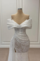 White Prom Dress Mermaid Strapless Sequined Off The Shoulder Sleeveless Tulle Formal Dress With Slit