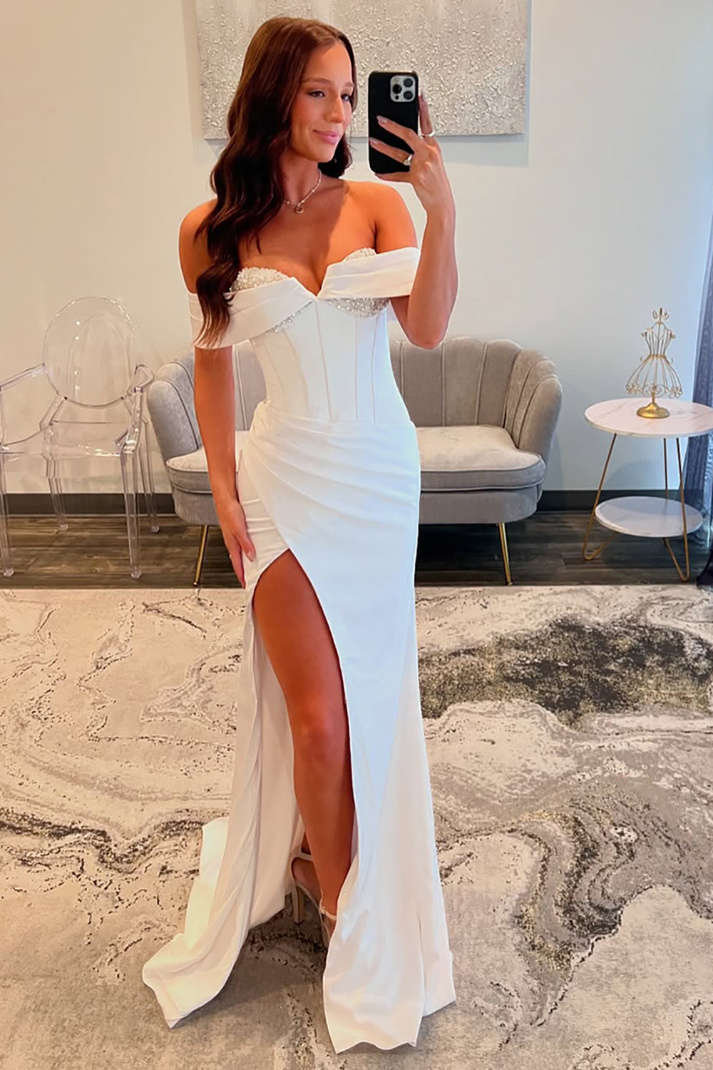 White Prom Dress Off The Shoulder Corset Formal Dress With Slit