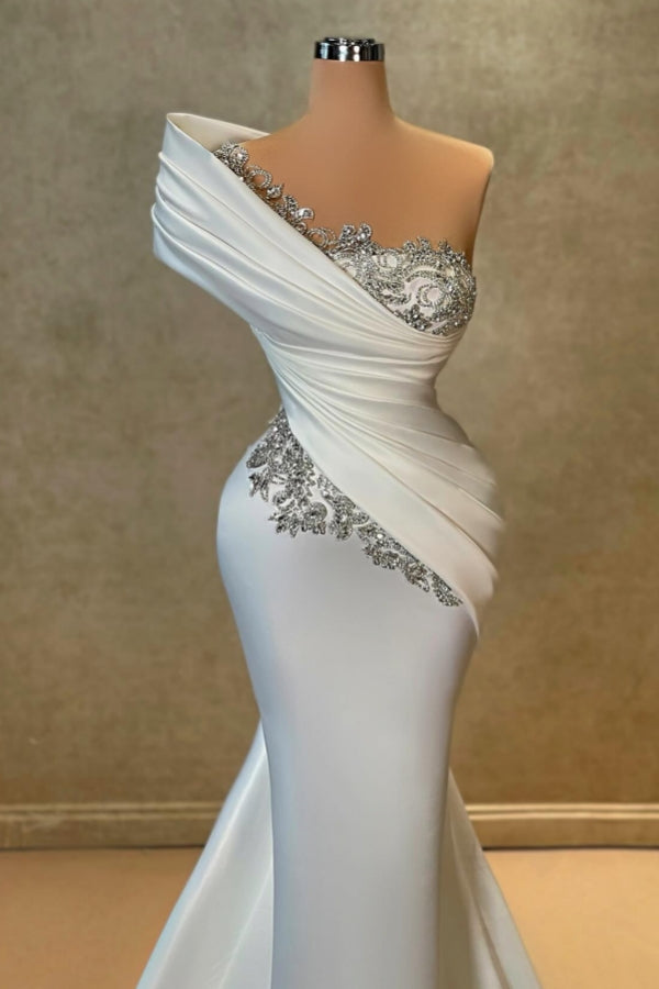 White Prom Dress One Shoulder Mermaid Lace Satin Formal Dress With Rhinestones