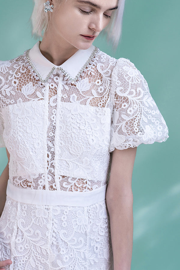 White Puff Sleeve Midi Lace Boho Dress