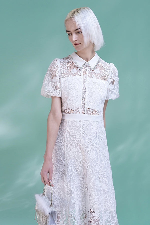 White Puff Sleeve Midi Lace Boho Dress