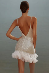 White Sequin V-Neck Bodycon Short Graduation Dress