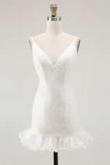 White Sequin V-Neck Bodycon Short Graduation Dress