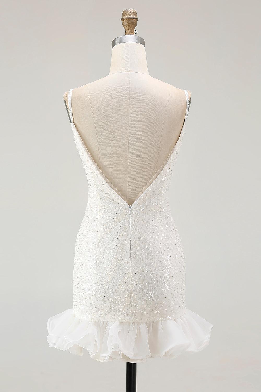 White Sequin V-Neck Bodycon Short Graduation Dress