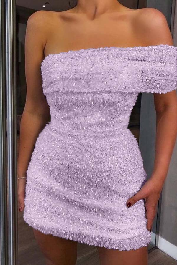 White Sequined Homecoming Dress One Shoulder Strapless Sleeveless Short Cocktail Dress