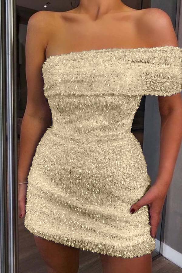 White Sequined Homecoming Dress One Shoulder Strapless Sleeveless Short Cocktail Dress