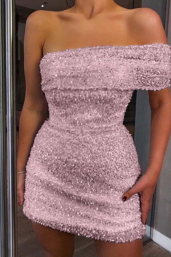 White Sequined Homecoming Dress One Shoulder Strapless Sleeveless Short Cocktail Dress