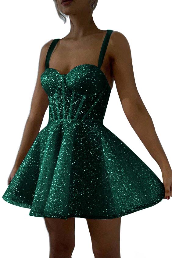 White Sequined Homecoming Dress Spaghetti Straps Sleeveless A Line Short Cocktail Dress