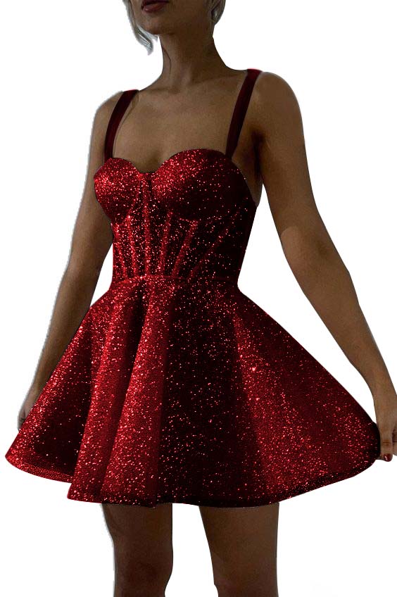 White Sequined Homecoming Dress Spaghetti Straps Sleeveless A Line Short Cocktail Dress