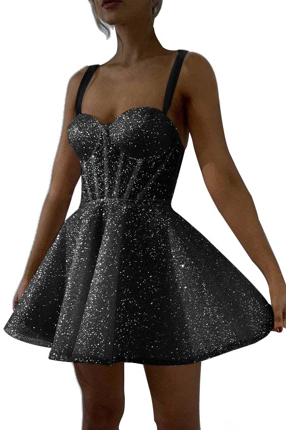 White Sequined Homecoming Dress Spaghetti Straps Sleeveless A Line Short Cocktail Dress