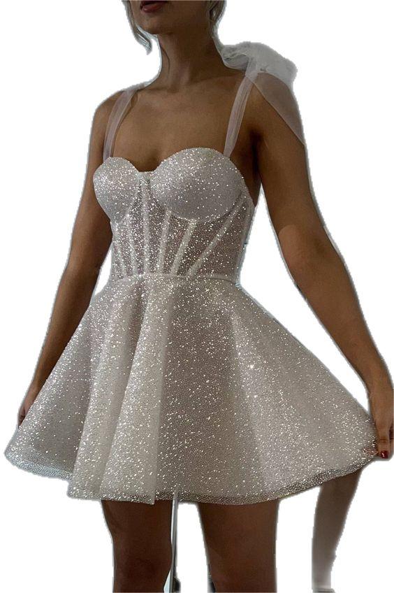White Sequined Homecoming Dress Spaghetti Straps Sleeveless A Line Short Cocktail Dress