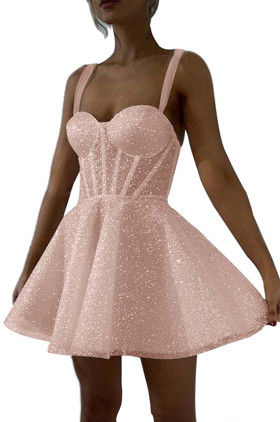 White Sequined Homecoming Dress Spaghetti Straps Sleeveless A Line Short Cocktail Dress