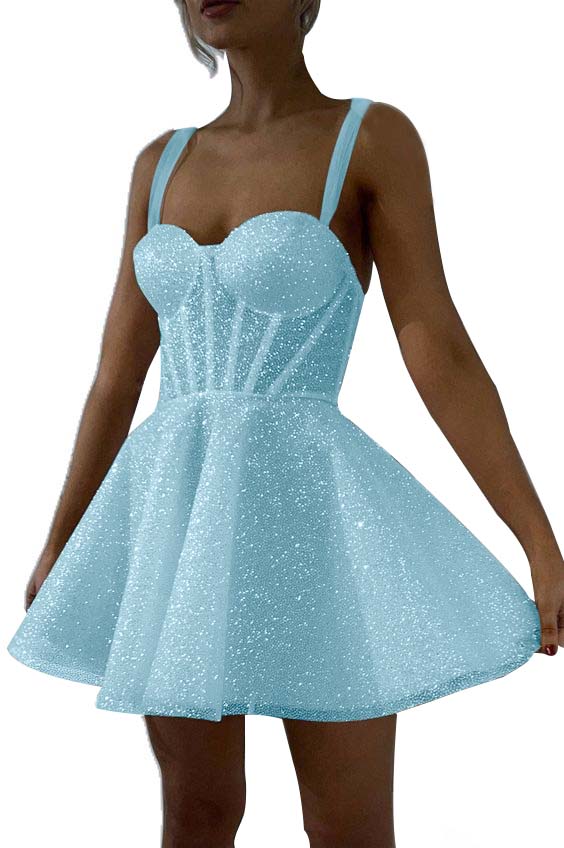 White Sequined Homecoming Dress Spaghetti Straps Sleeveless A Line Short Cocktail Dress