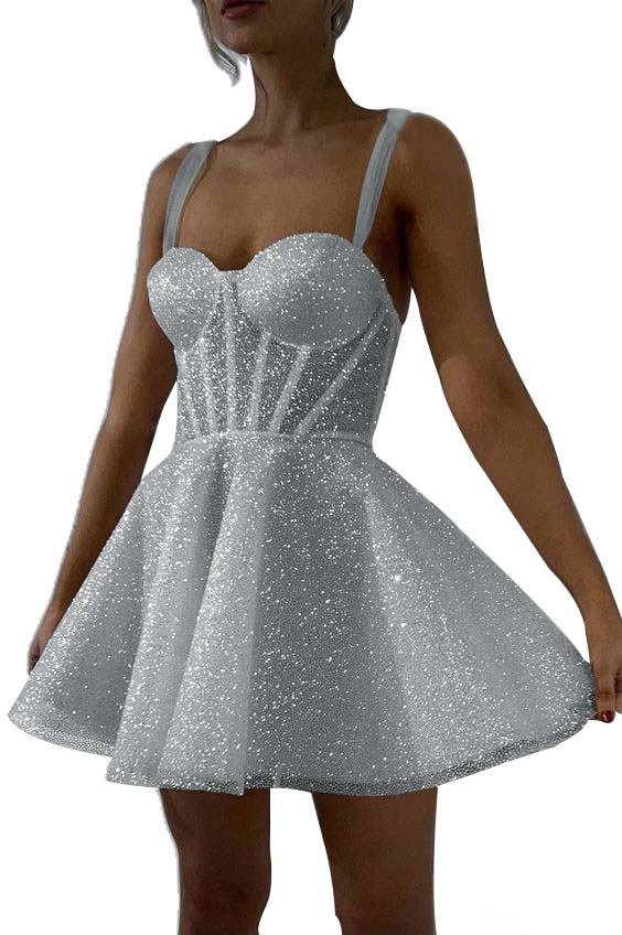 White Sequined Homecoming Dress Spaghetti Straps Sleeveless A Line Short Cocktail Dress