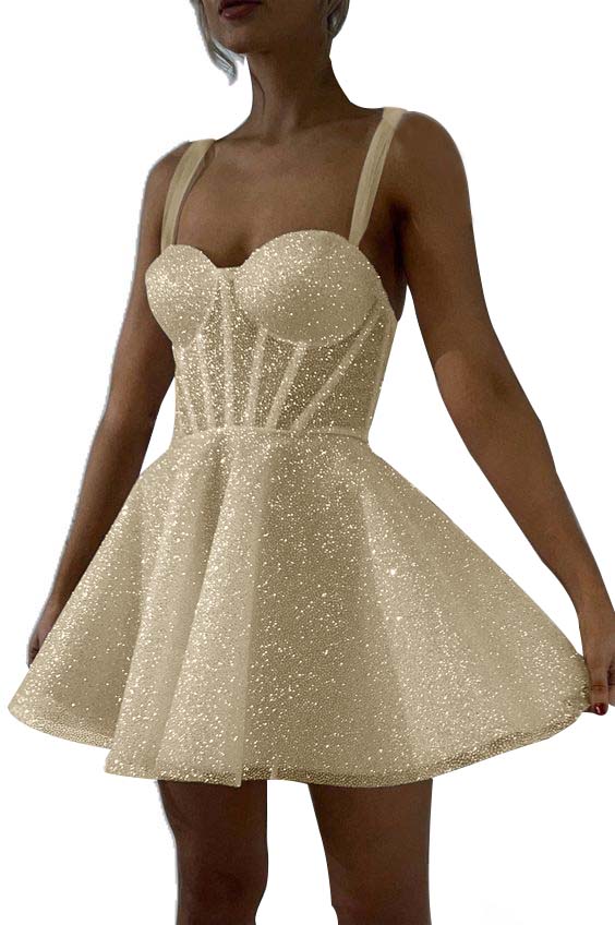 White Sequined Homecoming Dress Spaghetti Straps Sleeveless A Line Short Cocktail Dress