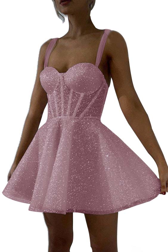 White Sequined Homecoming Dress Spaghetti Straps Sleeveless A Line Short Cocktail Dress