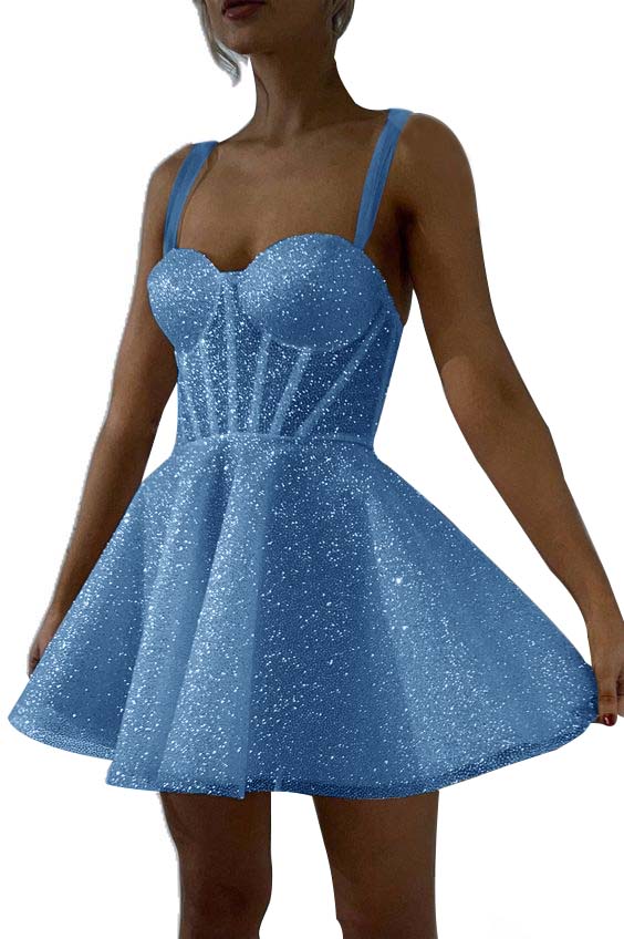 White Sequined Homecoming Dress Spaghetti Straps Sleeveless A Line Short Cocktail Dress