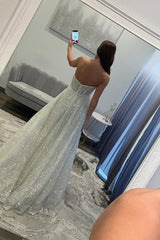 White Sequins Prom Dress Sweetheart A Line Corset Long Formal Dress With 3D Flower