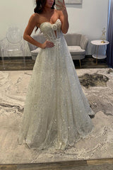 White Sequins Prom Dress Sweetheart A Line Corset Long Formal Dress With 3D Flower