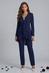 Dreamyannie Navy V Neck Ruffled Chiffon 2 Piece Mother Of The Bride Pant Suits With Sleeves