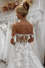 White Wedding Dress A Line Lace Off The Shoulder Sleeveless Cathedral Train Tulle Bridal Gown With Appliques