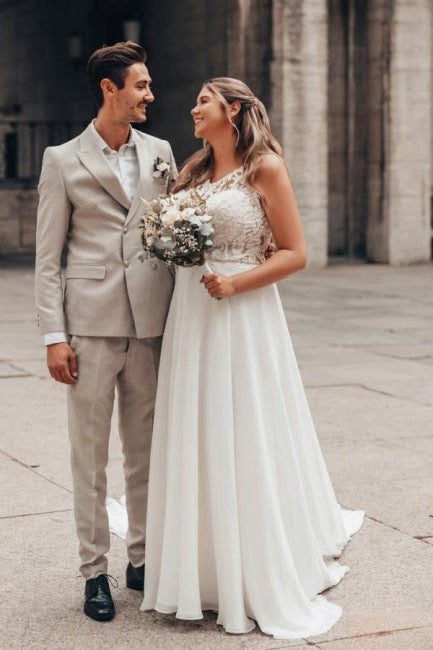 White Wedding Dress A Line Lace Organza Sleeveless Backless Bridal Gown