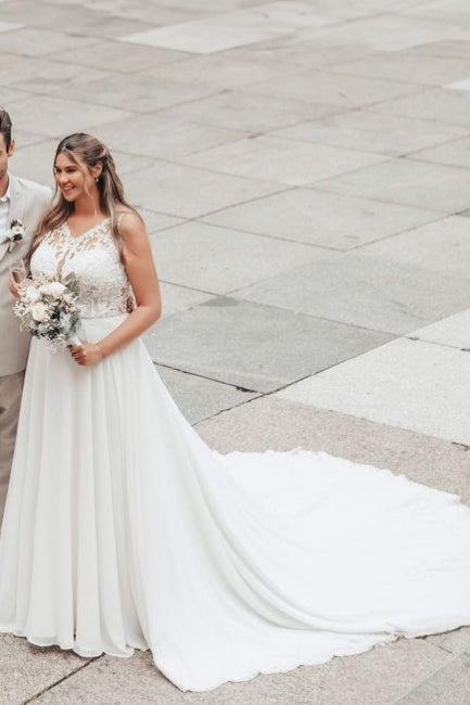 White Wedding Dress A Line Lace Organza Sleeveless Backless Bridal Gown