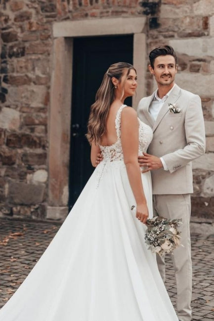 White Wedding Dress A Line Lace Organza Sleeveless Backless Bridal Gown