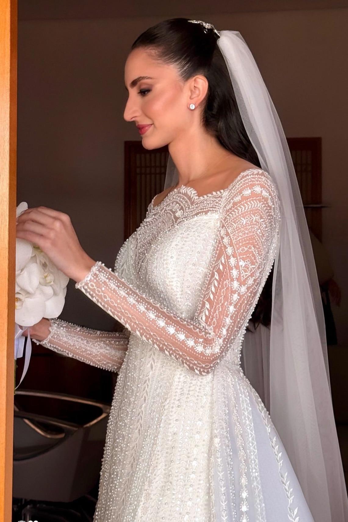 White Wedding Dress A Line Long Sleeves Beaded Lace Capel Train Long Bridal Gown