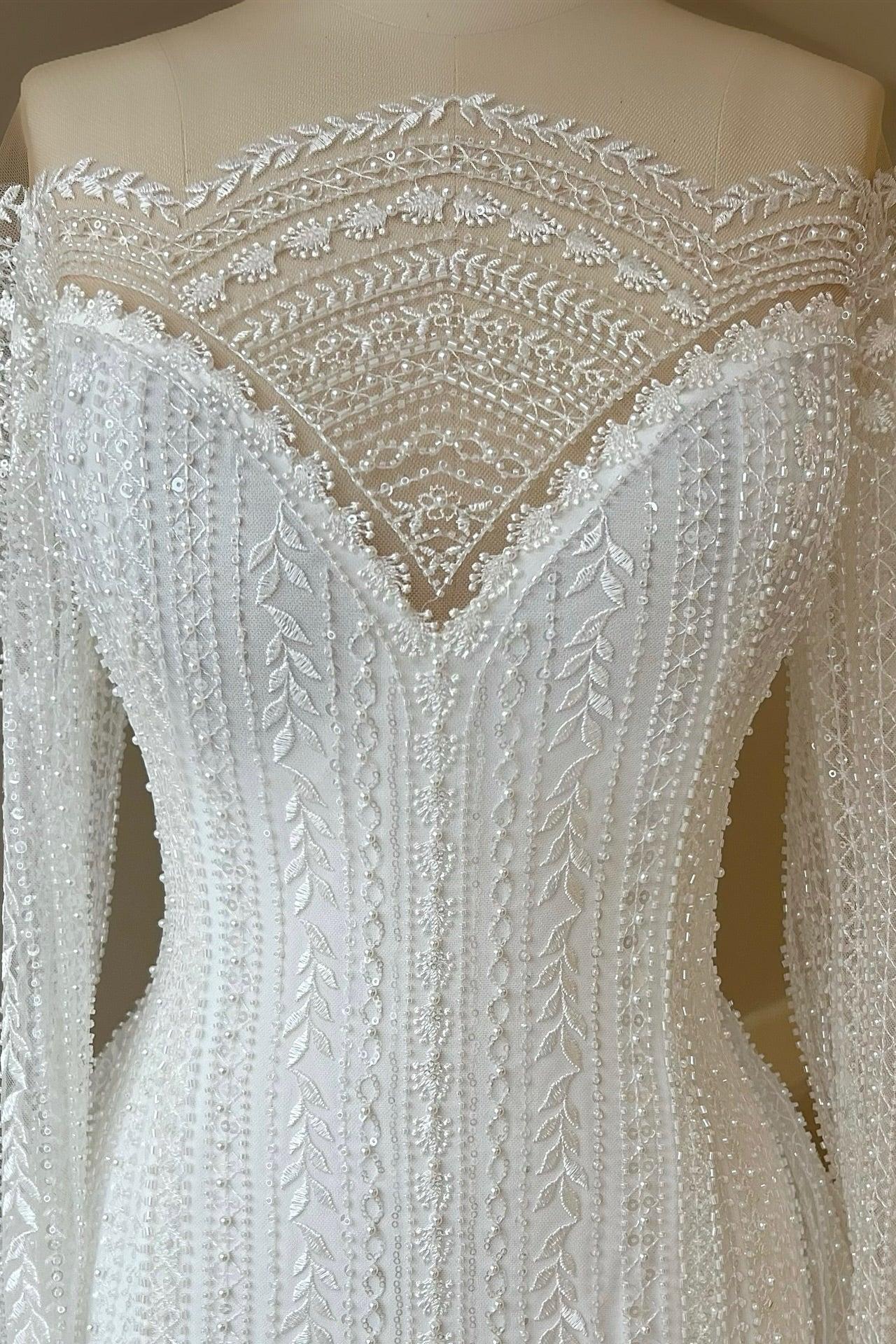 White Wedding Dress A Line Long Sleeves Beaded Lace Capel Train Long Bridal Gown