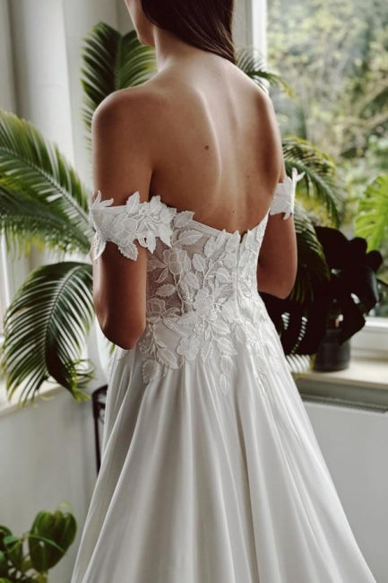 White Wedding Dress A Line Off The Shoulder Bridal Gown With Slit