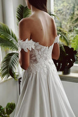 White Wedding Dress A Line Off The Shoulder Bridal Gown With Slit