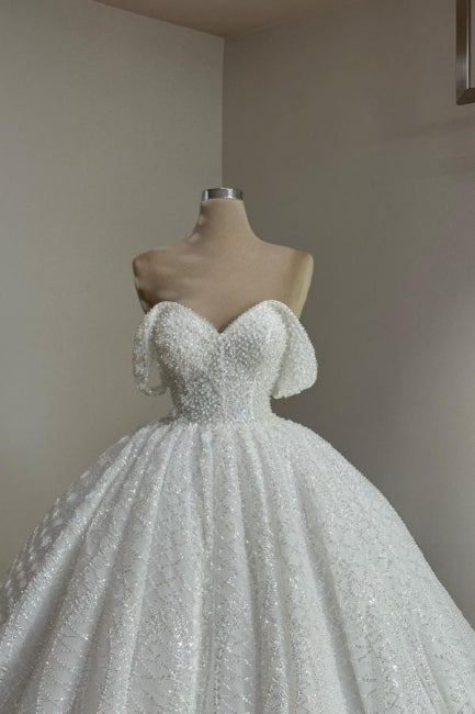 White Wedding Dress A Line Off The Shoulder Lace Bridal Gown With Pearls