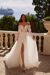White Wedding Dress A Line Off The Shoulder Sleeve Tulle Bridal Gown With Appliques