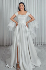 White Wedding Dress A Line Off The Shoulder Sleeveless Beaded Ruffle Satin Bridal Gown With Slit