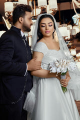 White Wedding Dress A Line Off The Shoulder Sleeveless Beaded Ruffle Satin Bridal Gown With Slit