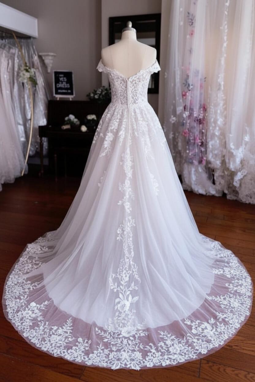 White Wedding Dress A Line Off The Shoulder Sleeveless Bridal Gown With Lace