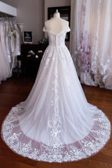 White Wedding Dress A Line Off The Shoulder Sleeveless Bridal Gown With Lace