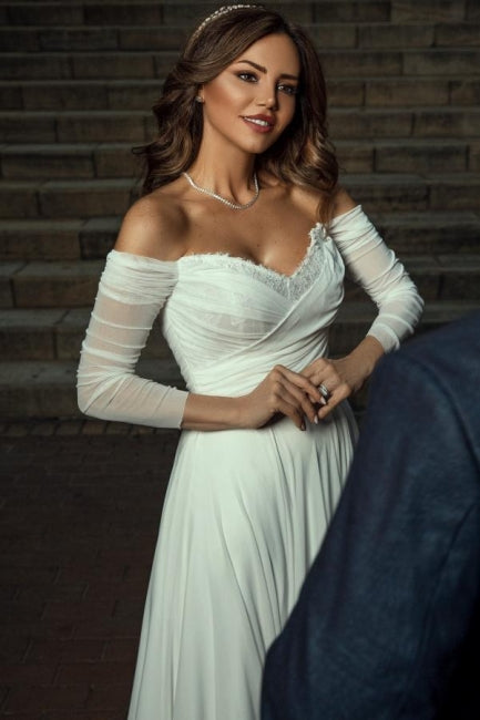 White Wedding Dress A Line Off The Shoulder Sleeves Ruffles Bridal Gown