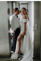 White Wedding Dress A Line Off The Shoulder Split Front Lace Up Bridal Gown Panel Train