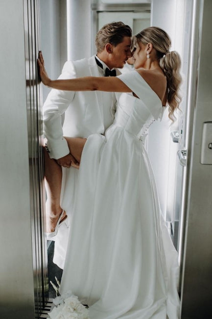 White Wedding Dress A Line Off The Shoulder Split Front Lace Up Bridal Gown Panel Train