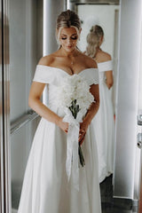 White Wedding Dress A Line Off The Shoulder Split Front Lace Up Bridal Gown Panel Train