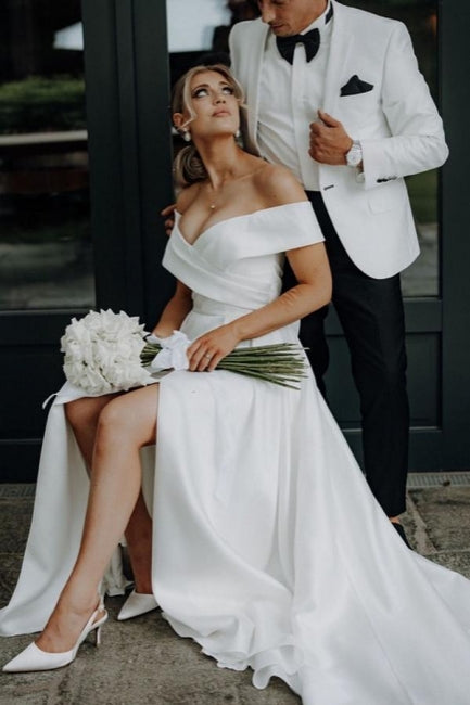 White Wedding Dress A Line Off The Shoulder Split Front Lace Up Long Bridal Gown Panel Train