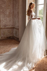 White Wedding Dress A Line Off The Shoulder Tulle Long Sleeve Bridal Gown